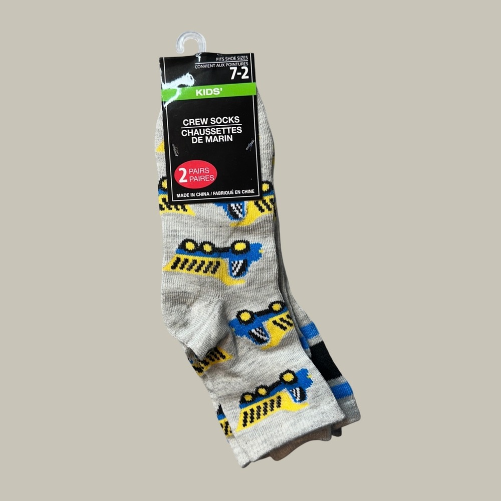Greenbrier Crew Socks Kids 7-2 Gray Construction Truck 2-Pack Novelty Knit